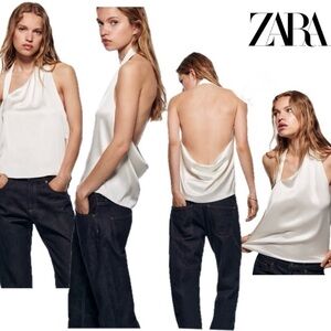 Zara Ivory White Satin Effect asymmetrical draped neckline open back halter top